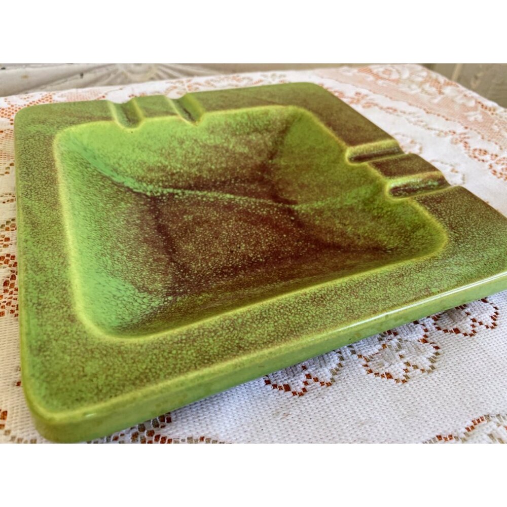 Vintage Mcm 1960s Green & Brown Glazed Ceramic Ashtray - Picture 2 of 9
